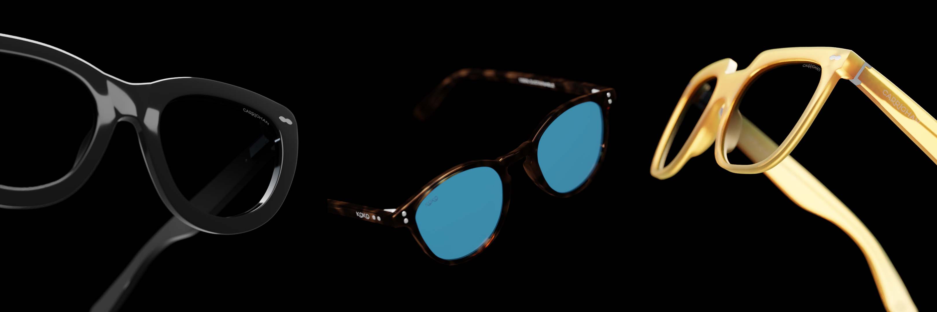 Sunglasses floating over a pitch black background